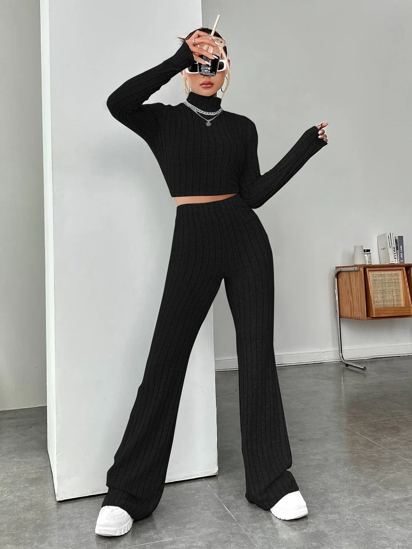 Buy Shein Ezwear Mock Neck Crop Tee & Flare Leg Pants in Pakistan