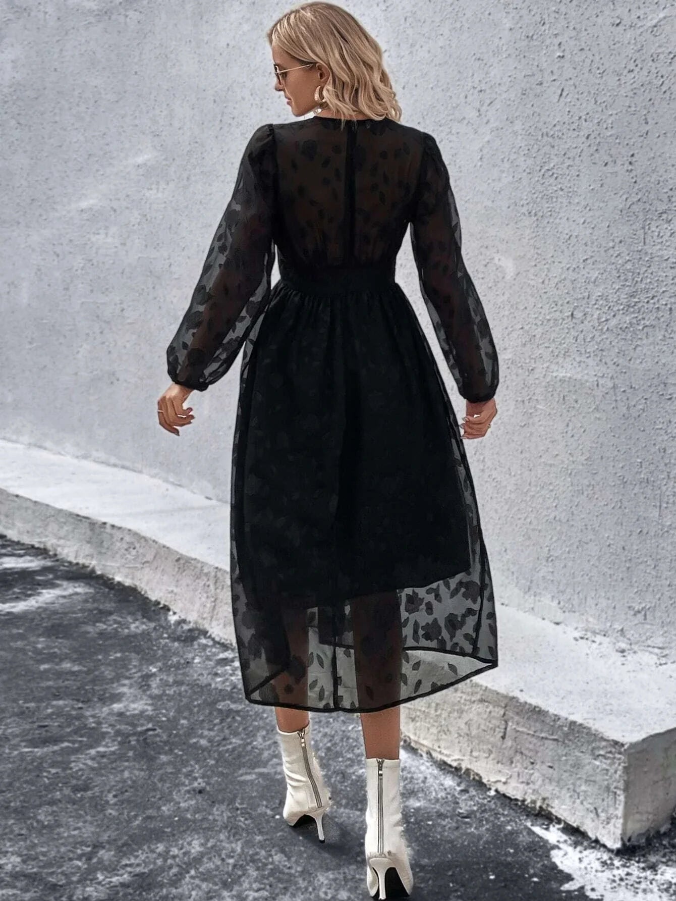 Buy Shein Jacquard Lantern Sleeve Button Front Dress in Pakistan