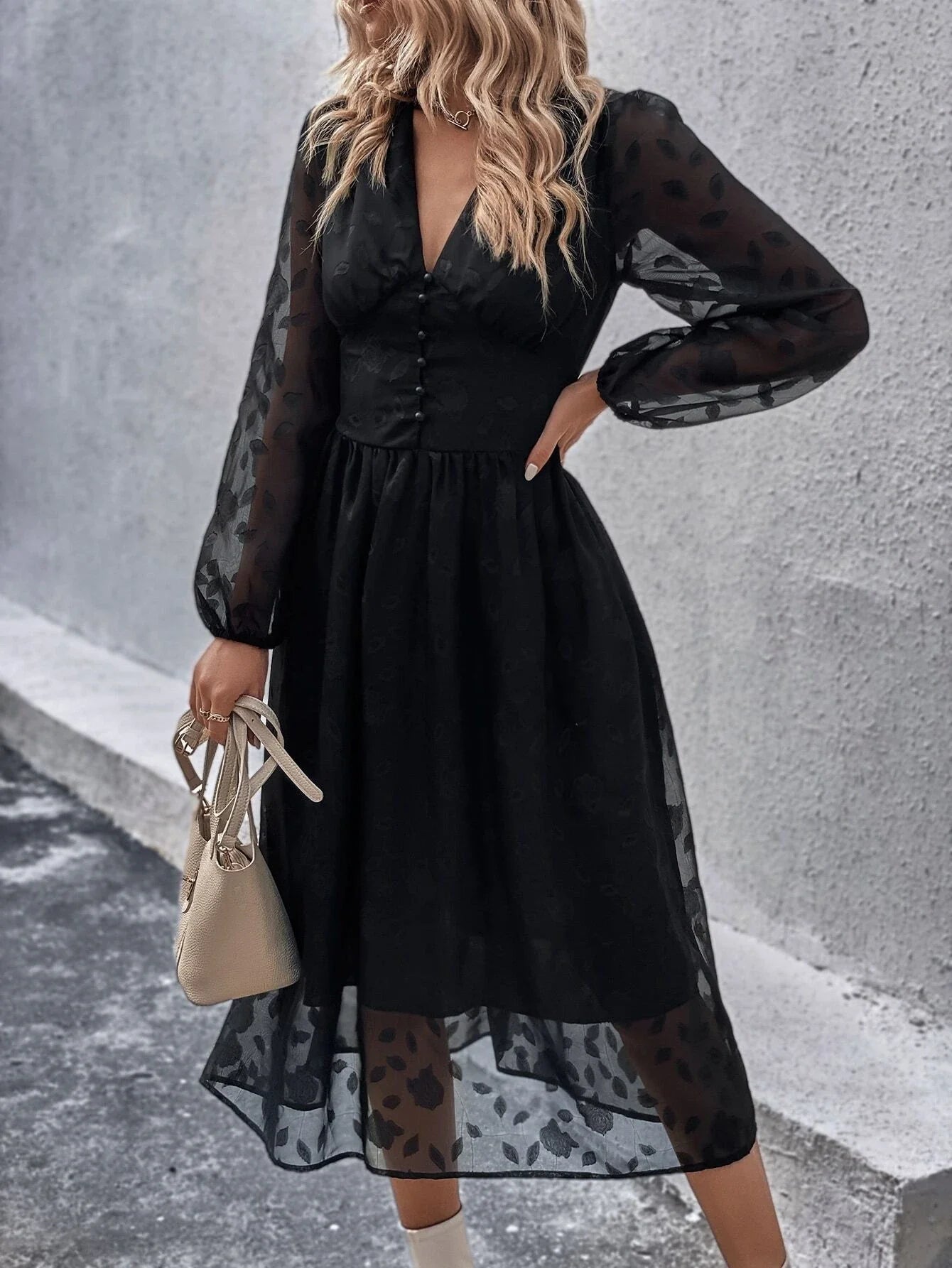 Buy Shein Jacquard Lantern Sleeve Button Front Dress in Pakistan