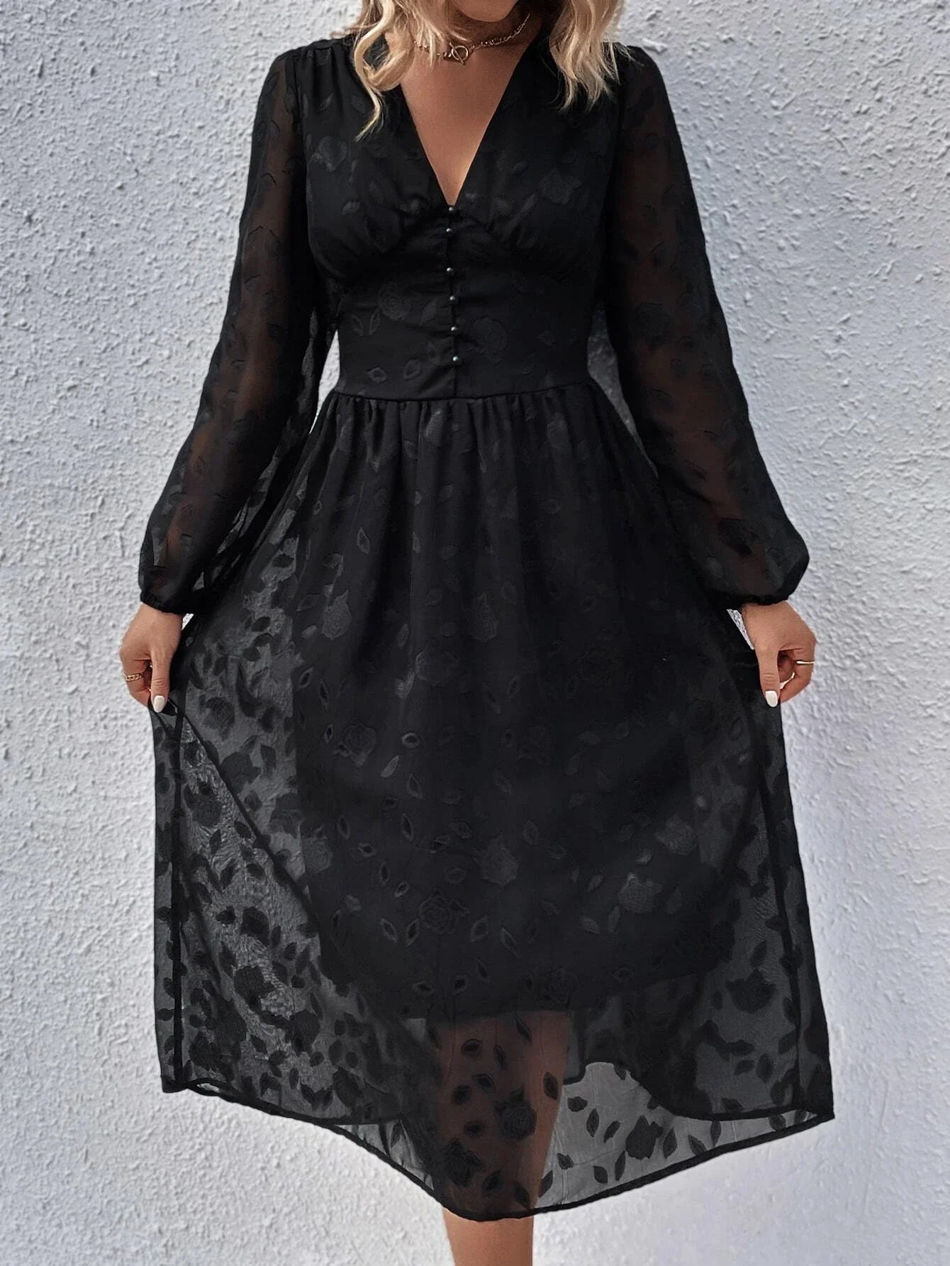 Buy Shein Jacquard Lantern Sleeve Button Front Dress in Pakistan
