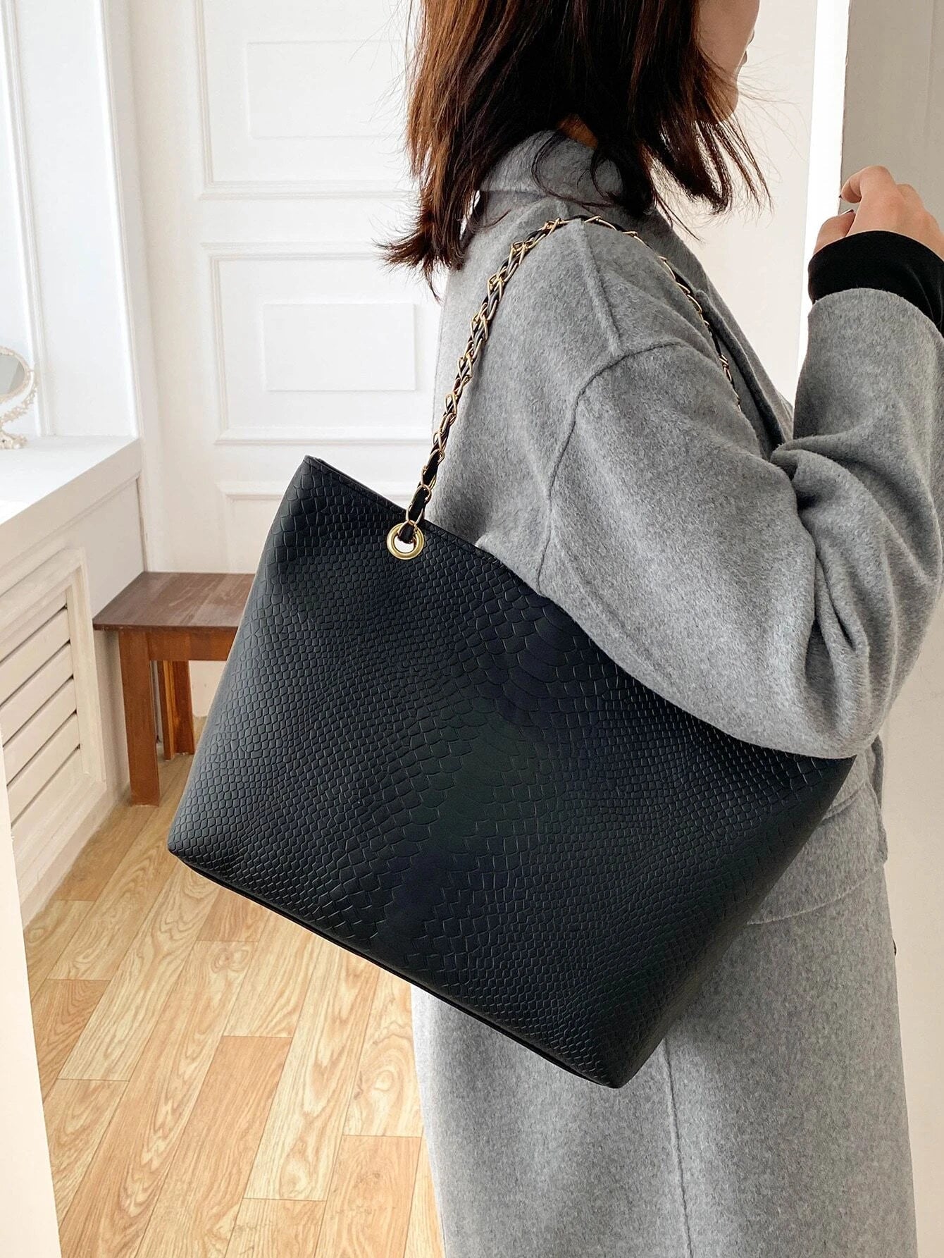 Buy Shein Geometric Embossed Grommet Eyelet Shoulder Tote Bag in Pakistan