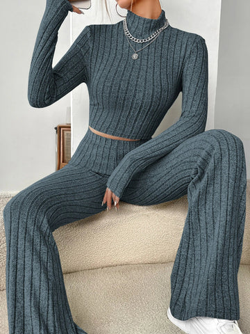 Buy Shein Ezwear Mock Neck Crop Tee & Flare Leg Pants in Pakistan