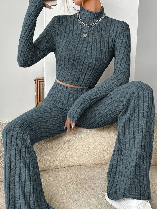 Buy Shein Ezwear Mock Neck Crop Tee & Flare Leg Pants in Pakistan