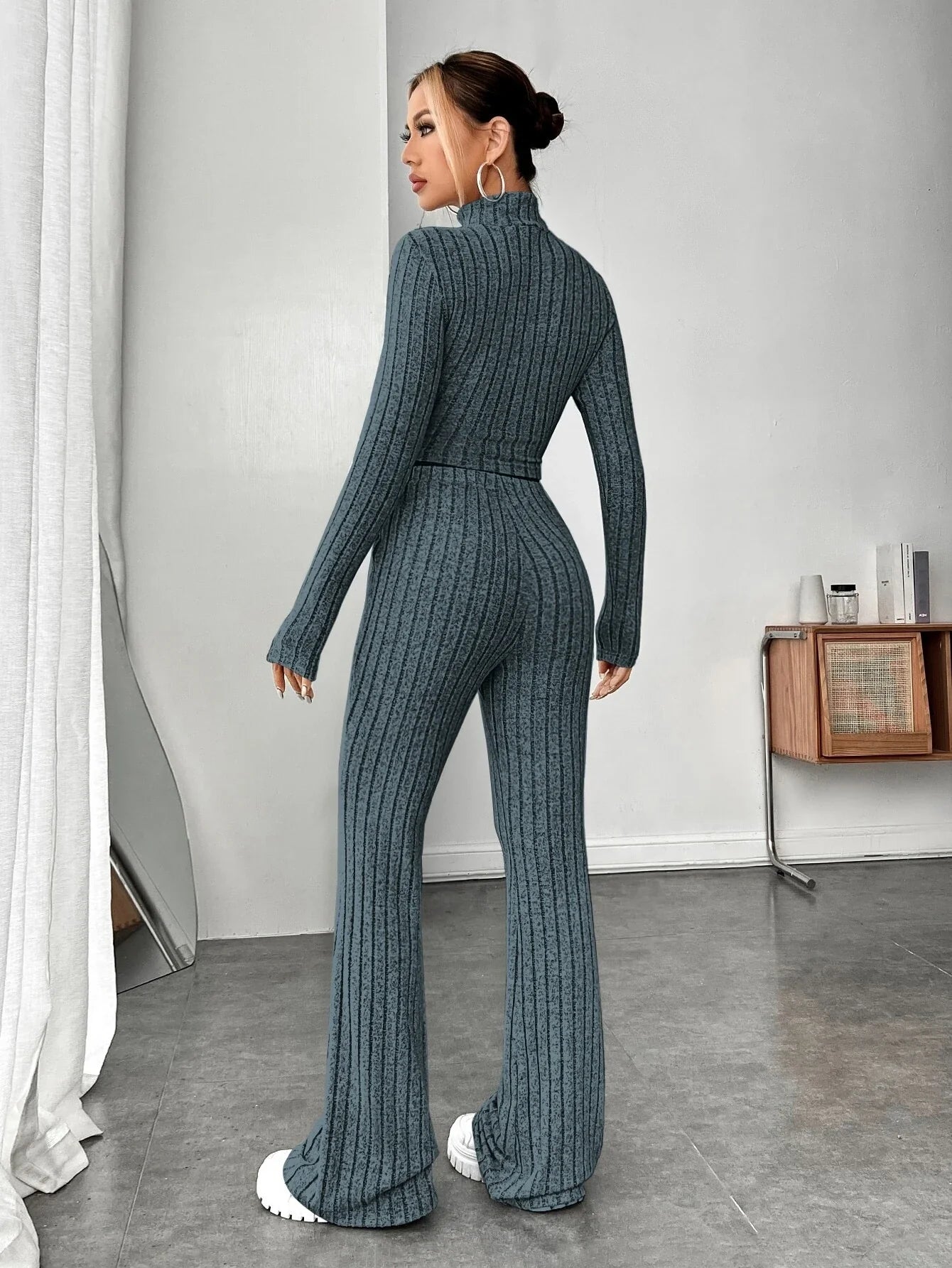 Buy Shein Ezwear Mock Neck Crop Tee & Flare Leg Pants in Pakistan