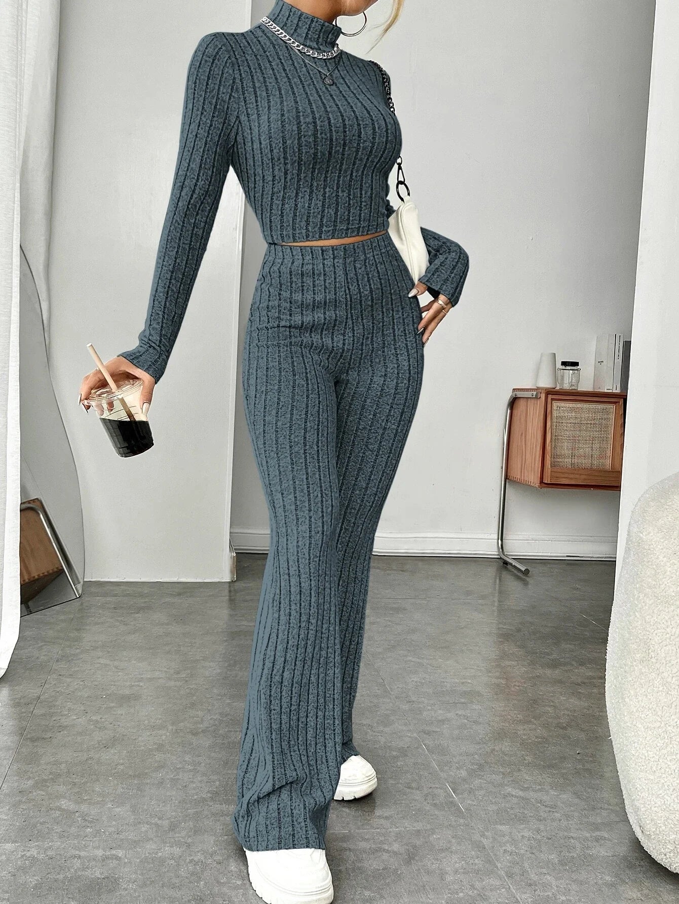 Buy Shein Ezwear Mock Neck Crop Tee & Flare Leg Pants in Pakistan