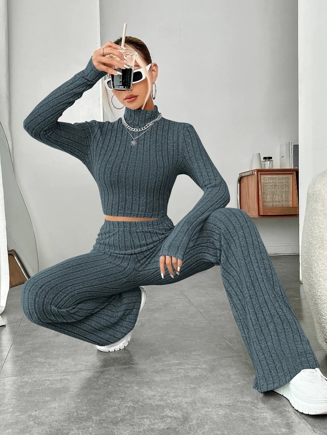 Buy Shein Ezwear Mock Neck Crop Tee & Flare Leg Pants in Pakistan