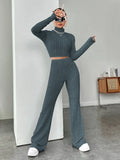 Buy Shein Ezwear Mock Neck Crop Tee & Flare Leg Pants in Pakistan