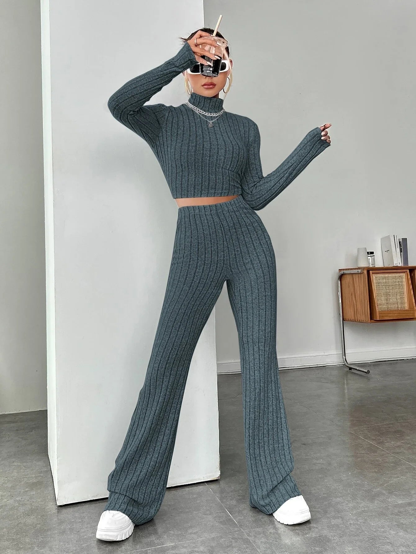 Buy Shein Ezwear Mock Neck Crop Tee & Flare Leg Pants in Pakistan