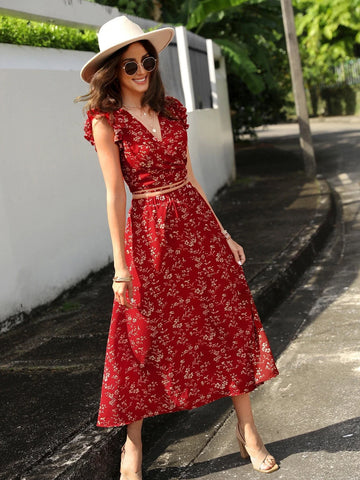 Buy Shein Emery Rose Floral Print Wrap Tie Back Top & Skirt in Pakistan