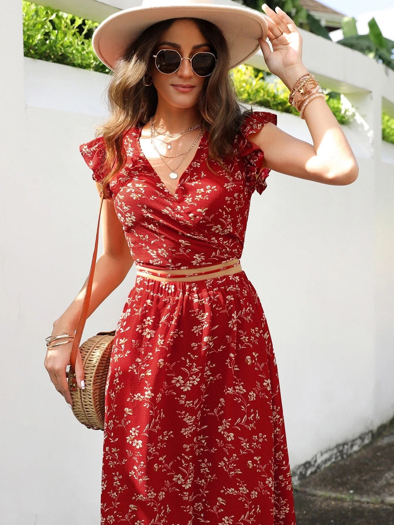 Buy Shein Emery Rose Floral Print Wrap Tie Back Top & Skirt in Pakistan