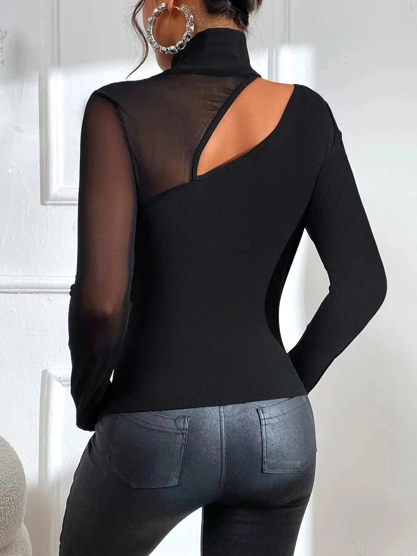 Buy Shein Bae Cut Out Contrast Mesh Asymmetrical Hem Top in Pakistan