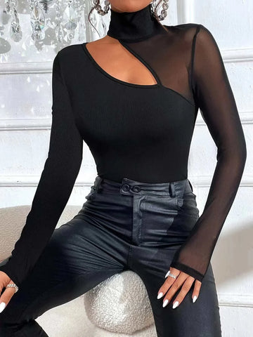 Buy Shein Bae Cut Out Contrast Mesh Asymmetrical Hem Top in Pakistan