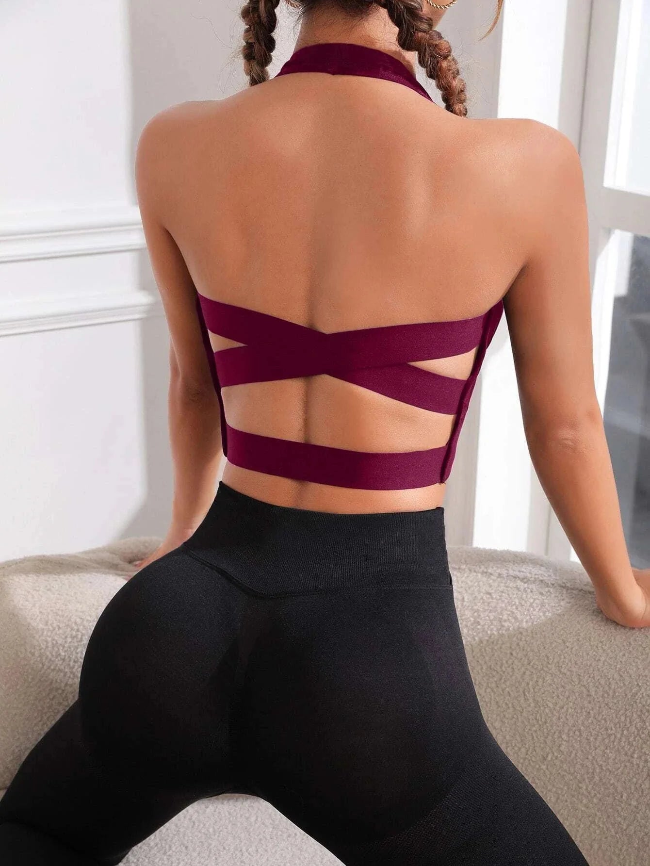 Buy Shein Crisscross Backless Crop Halter Neck Backless Sports Bra in Pakistan