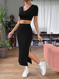 Buy Shein Ezwear Solid Crop Tee & Split Thigh Skirt in Pakistan