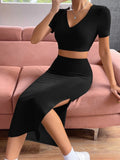 Buy Shein Ezwear Solid Crop Tee & Split Thigh Skirt in Pakistan