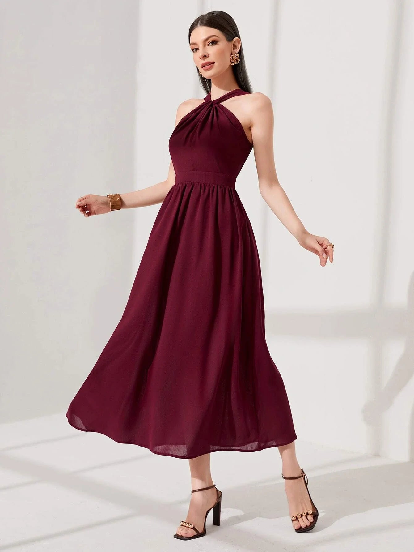 Buy Shein Modely Solid Halter Neck A Line Dress in Pakistan
