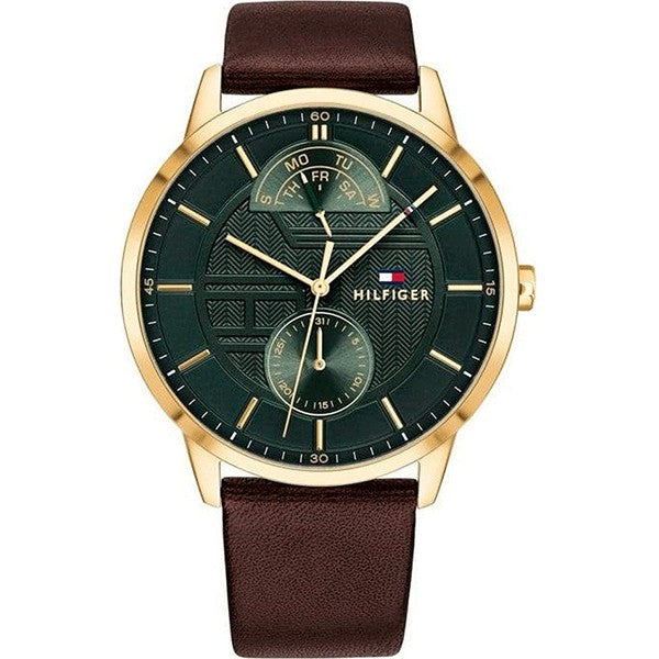 Buy Tommy Hilfiger Mens Quartz Brown Leather Strap Green Dial 41mm Watch - 1791607 in Pakistan