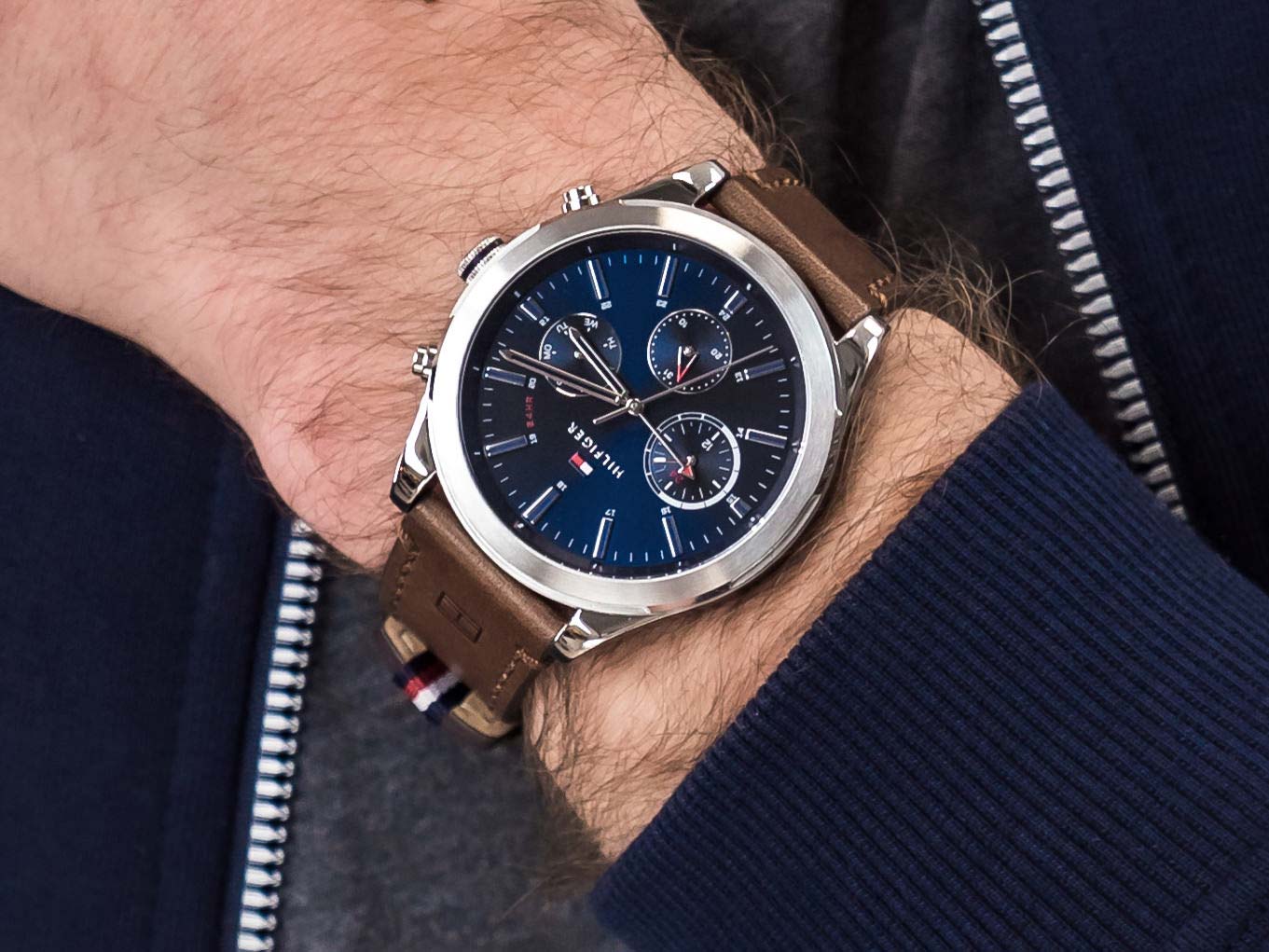 Buy Tommy Hilfiger Mens Quartz Brown Leather Strap Blue Dial 44mm Watch - 1791741 in Pakistan
