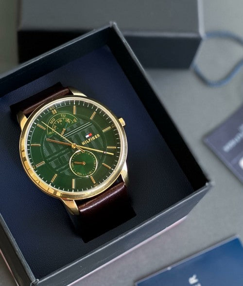 Buy Tommy Hilfiger Mens Quartz Brown Leather Strap Green Dial 41mm Watch - 1791607 in Pakistan