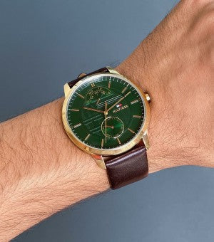 Buy Tommy Hilfiger Mens Quartz Brown Leather Strap Green Dial 41mm Watch - 1791607 in Pakistan