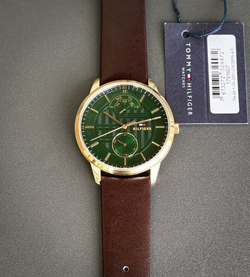 Buy Tommy Hilfiger Mens Quartz Brown Leather Strap Green Dial 41mm Watch - 1791607 in Pakistan