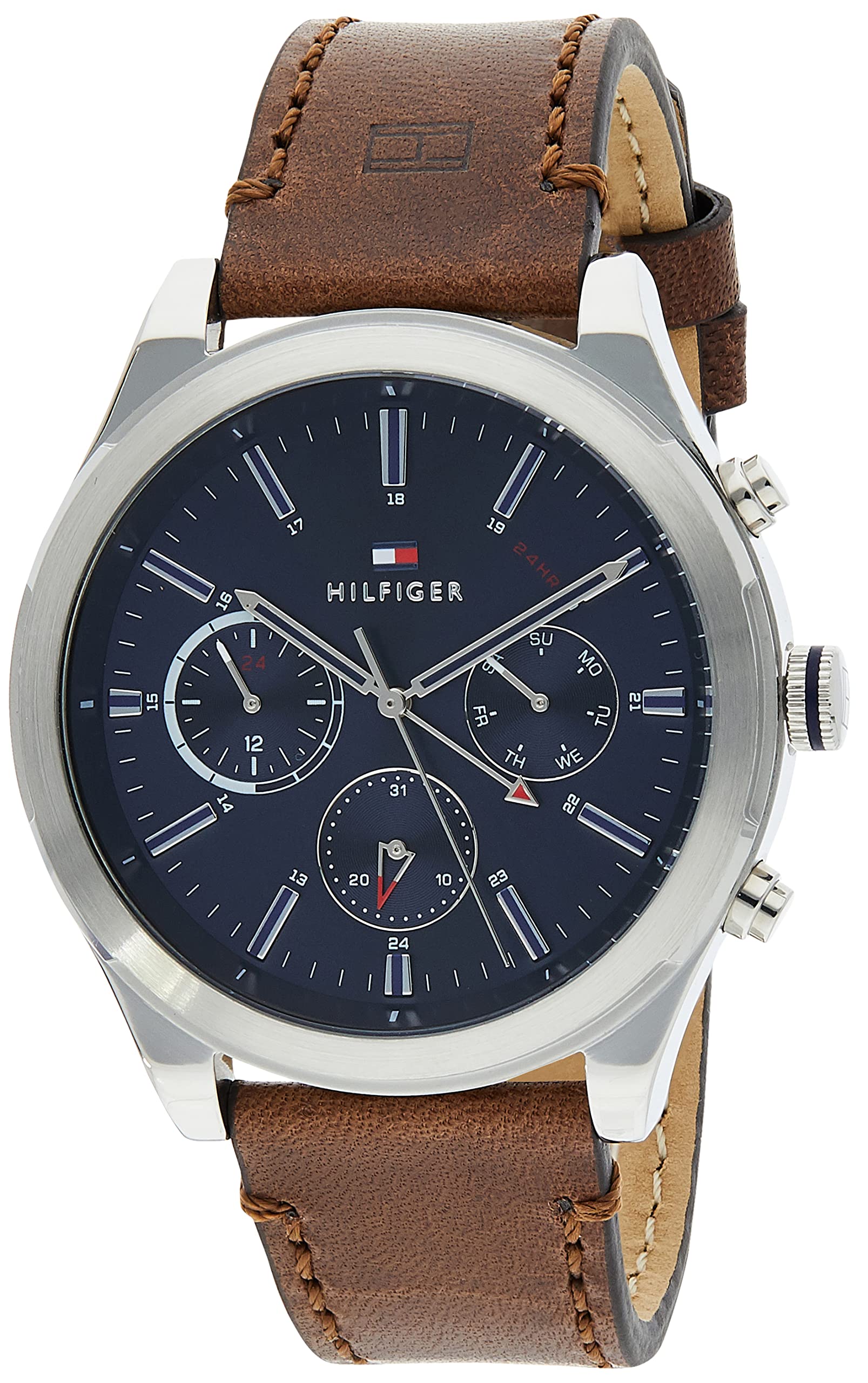 Buy Tommy Hilfiger Mens Quartz Brown Leather Strap Blue Dial 44mm Watch - 1791741 in Pakistan