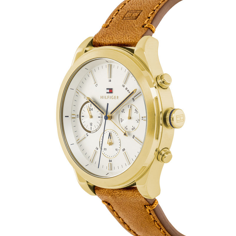Buy Tommy Hilfiger Mens Quartz Brown Leather Strap Silver Dial 44mm Watch - 1791742 in Pakistan