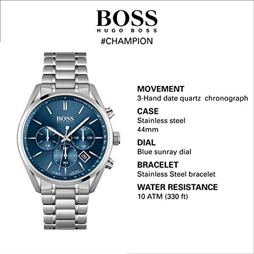 Buy Hugo Boss Mens Chronograph Champion Silver Stainless Steel Blue Dial 44mm Watch - 1513818 in Pakistan