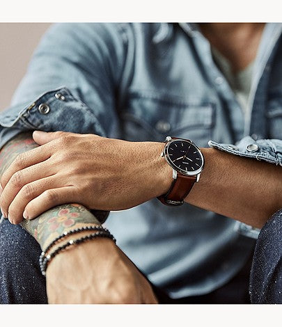 Buy Men's Quartz The Minimalist Brown Leather Strap Blue Dial 44Mm Watch in Pakistan