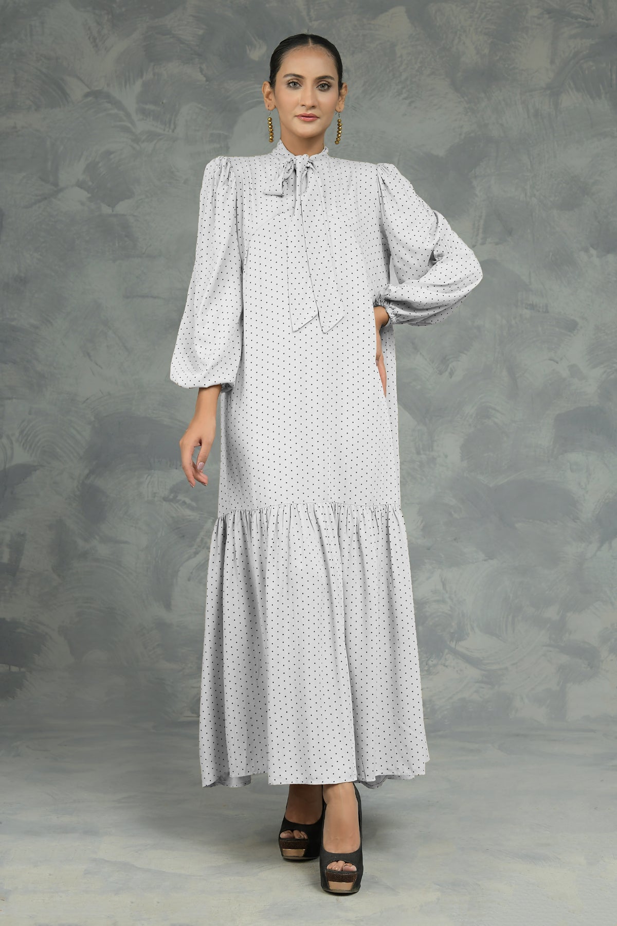 Buy Negative Apparel Knot Collar Lantern Sleeve Dress FD - White in Pakistan