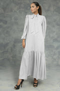 Buy Negative Apparel Knot Collar Lantern Sleeve Dress FD - White in Pakistan