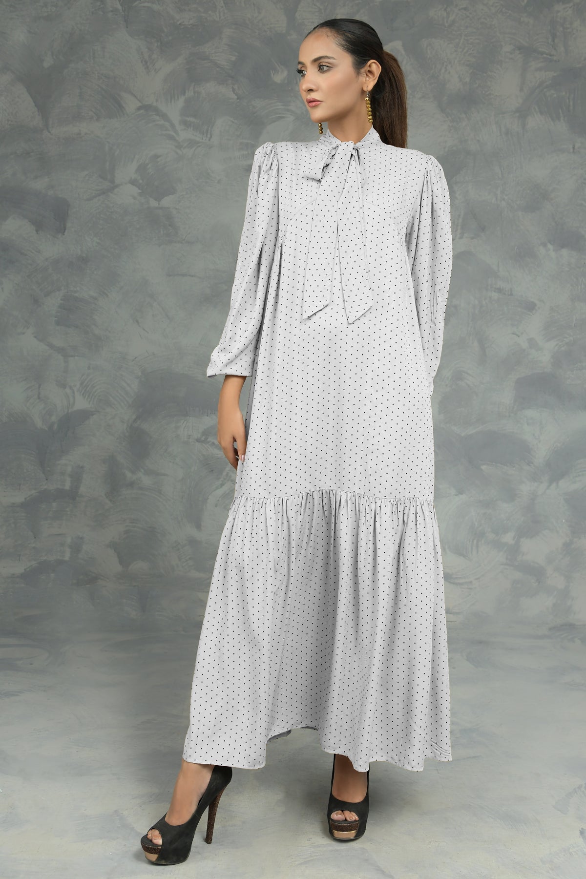 Buy Negative Apparel Knot Collar Lantern Sleeve Dress FD - White in Pakistan