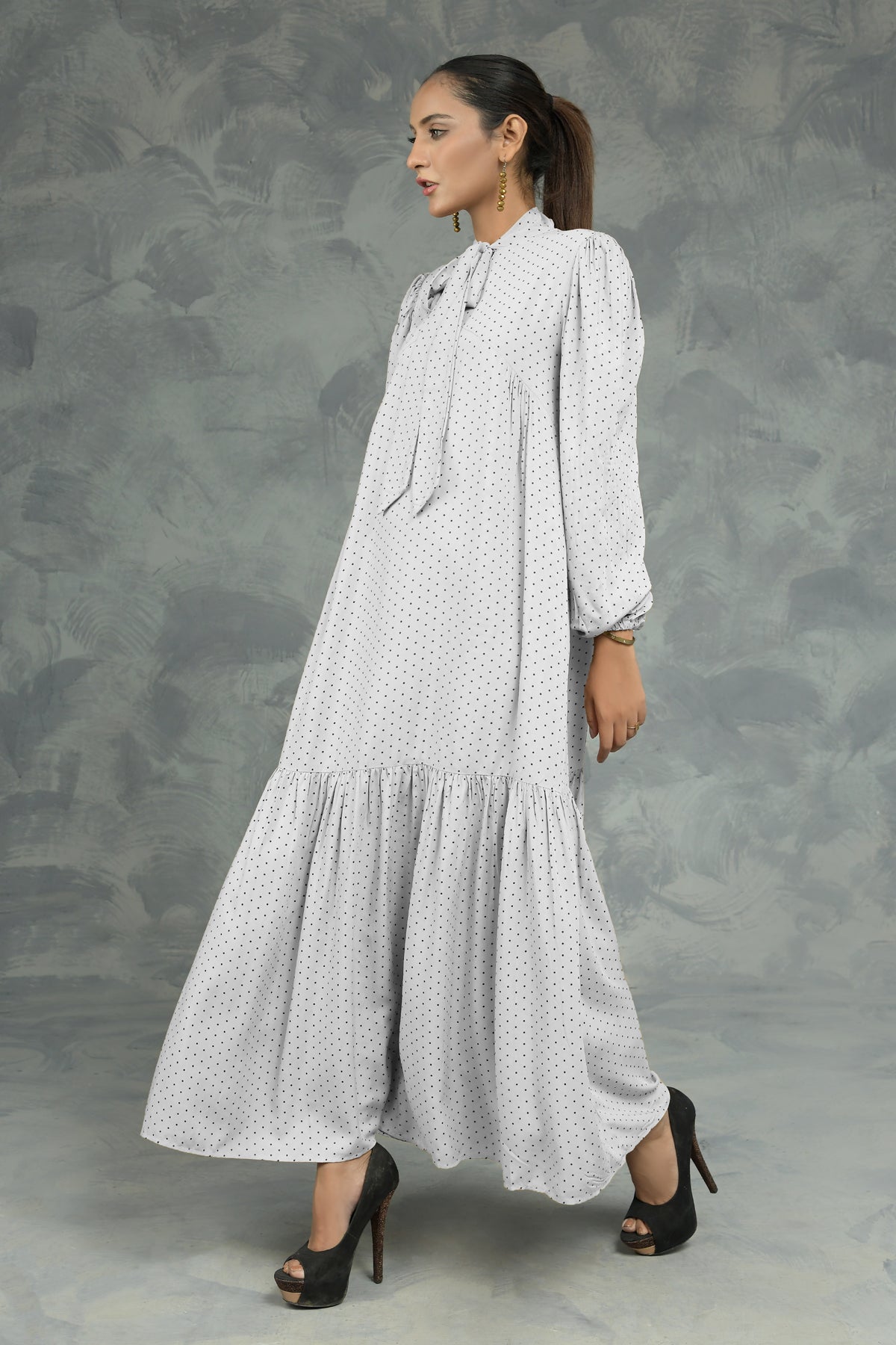 Buy Negative Apparel Knot Collar Lantern Sleeve Dress FD - White in Pakistan