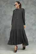 Buy Negative Apparel Knot Collar Lantern Sleeve Dress FD - Black in Pakistan