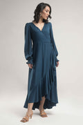 Buy Negative Apparel Flounce Sleeve Ruffle Trim Wrap Knot Side Dress FD - Blue Polka in Pakistan