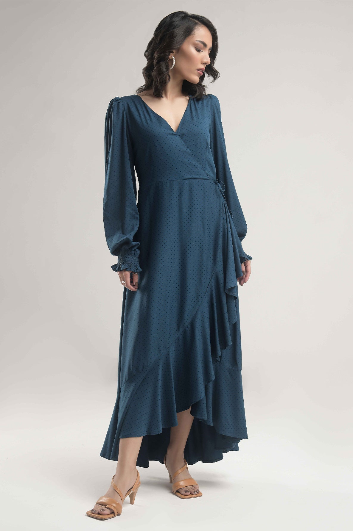 Buy Negative Apparel Flounce Sleeve Ruffle Trim Wrap Knot Side Dress FD - Blue Polka in Pakistan