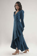 Buy Negative Apparel Flounce Sleeve Ruffle Trim Wrap Knot Side Dress FD - Blue Polka in Pakistan