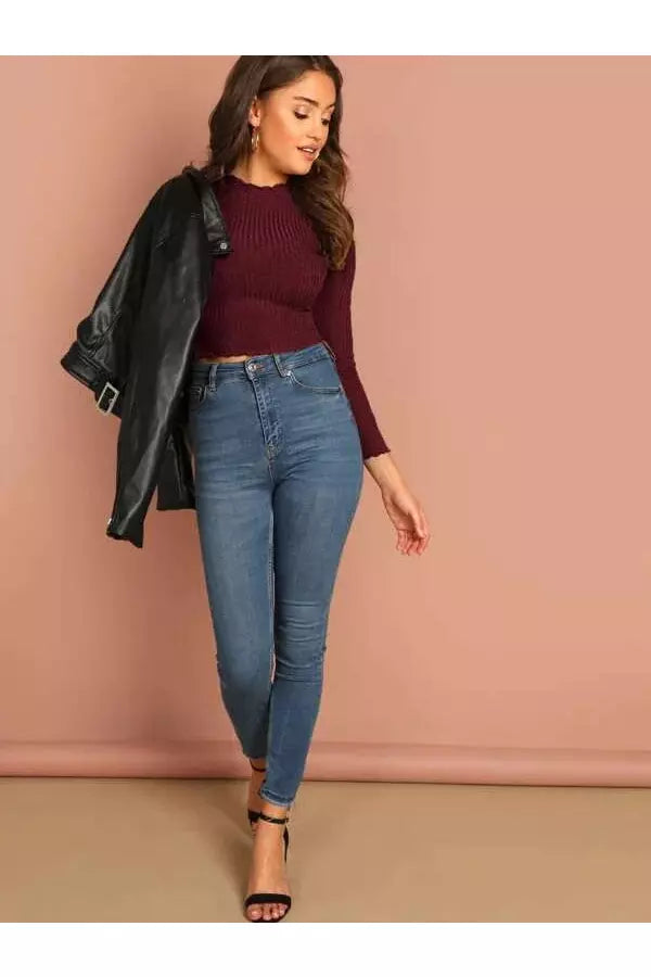 Buy Shein Lettuce Trim Solid Crop Tee - Extra Small Maroon in Pakistan