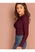 Buy Shein Lettuce Trim Solid Crop Tee - Medium Maroon in Pakistan
