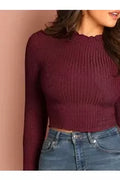 Buy Shein Lettuce Trim Solid Crop Tee - Extra Small Maroon in Pakistan