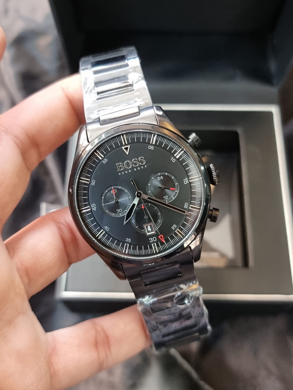 Buy Hugo Boss Mens Chronograph Silver Stainless Steel Black Dial 44mm Watch - 1513712 in Pakistan