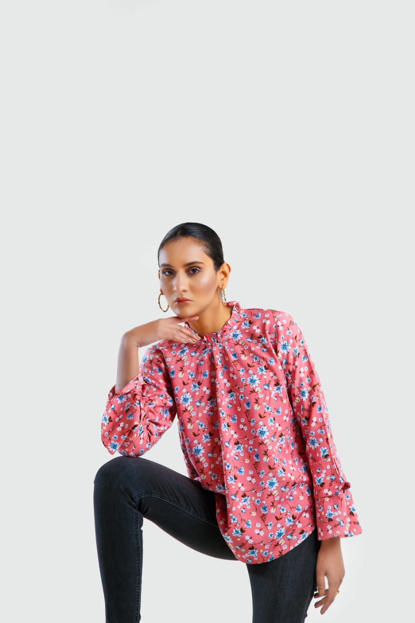 Buy Negative Apparel Floral Print Frill Neck Flounce Sleeve Blouse FD - Peach Floral in Pakistan