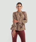 Buy Negative Apparel Floral Print Frill Neck Flounce Sleeve Blouse FD - Olive Floral in Pakistan