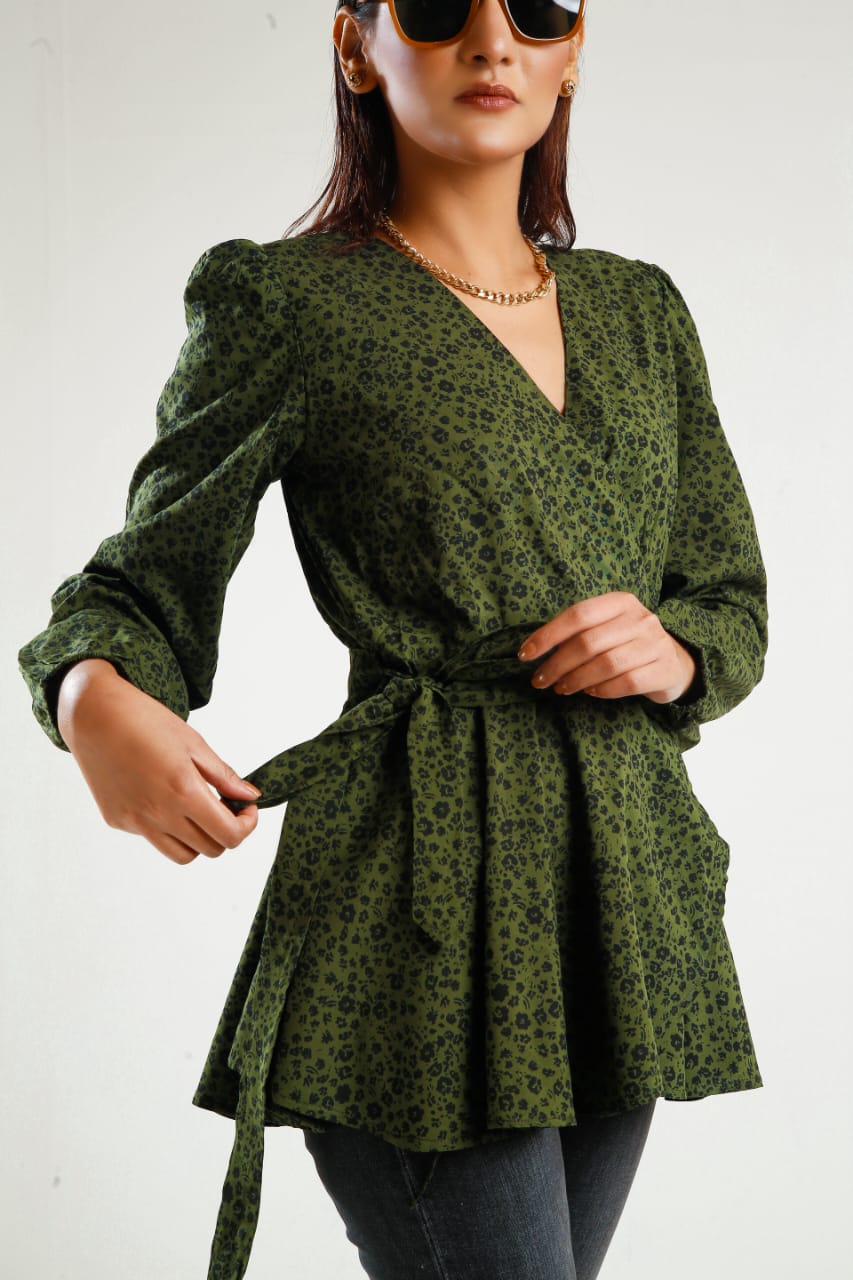 Buy Negative Apparel Allover Print Lantern Sleeve Peplum Blouse FD - Multicolor in Pakistan