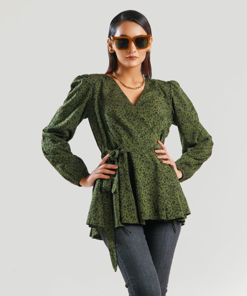 Buy Negative Apparel Allover Print Lantern Sleeve Peplum Blouse FD - Multicolor in Pakistan