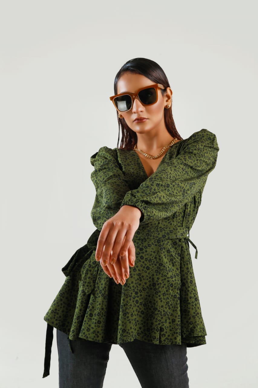 Buy Negative Apparel Allover Print Lantern Sleeve Peplum Blouse FD - Multicolor in Pakistan