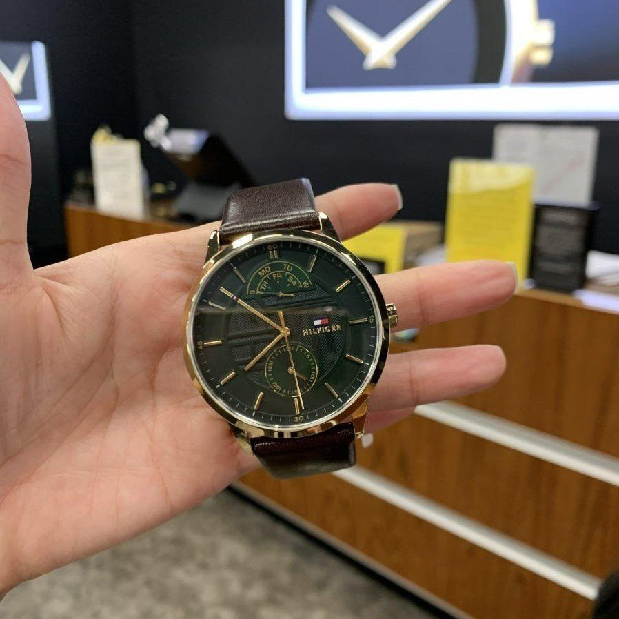 Buy Tommy Hilfiger Mens Quartz Brown Leather Strap Green Dial 41mm Watch - 1791607 in Pakistan