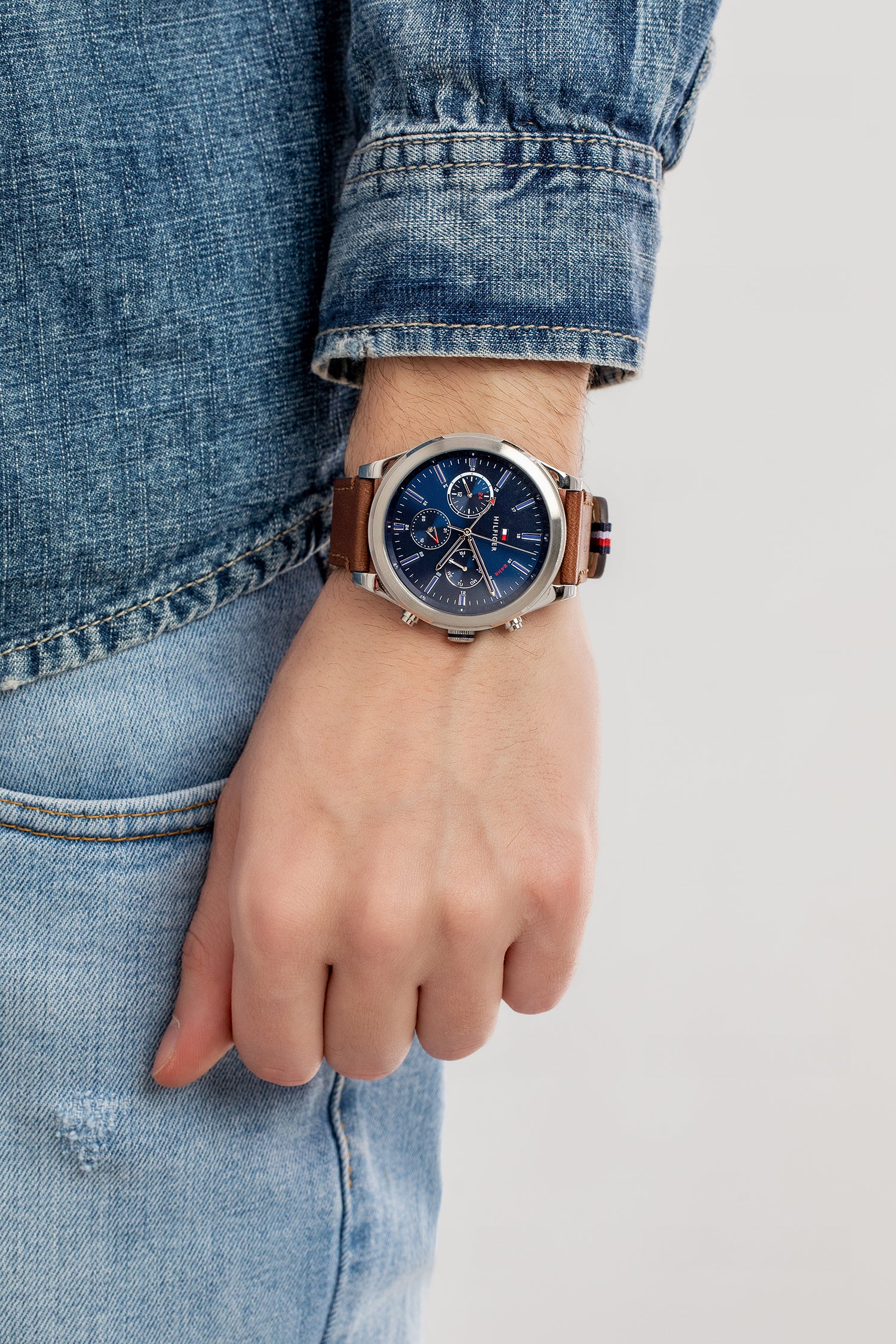 Buy Tommy Hilfiger Mens Quartz Brown Leather Strap Blue Dial 44mm Watch - 1791741 in Pakistan