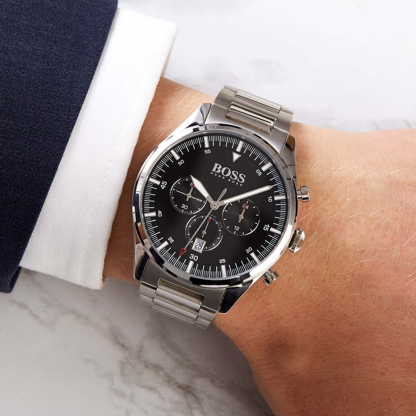 Buy Hugo Boss Mens Chronograph Silver Stainless Steel Black Dial 44mm Watch - 1513712 in Pakistan