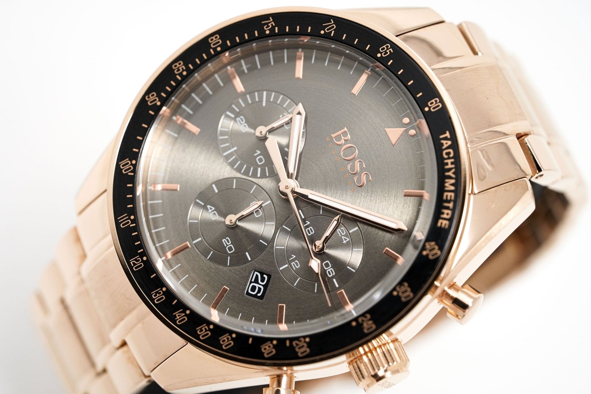 Buy Hugo Boss Mens Chronograph Quartz Trophy Rose Gold Stainless Steel Grey Dial 44mm Watch - 1513632 in Pakistan